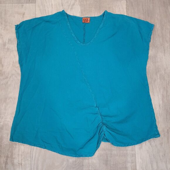 Oh My Gauze! Top Size 3 (XXL) Turquoise Side Ruching Lagenlook Coastal Boho - Picture 1 of 5